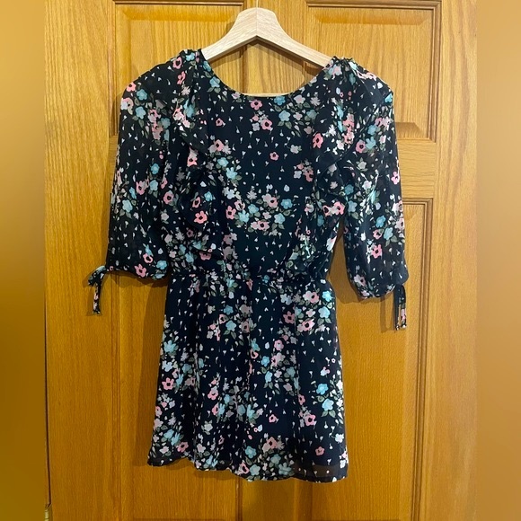 Justice Girls Black Pink Green Floral Chiffon Ruffle 3/4 Sleeve Romper Size 10 - Picture 1 of 4